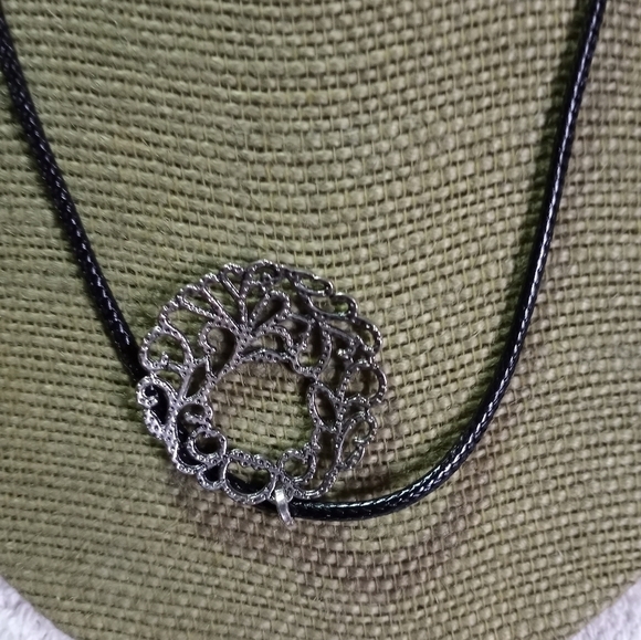 Silvertone swirl round Pendant on black cord necklace - Picture 3 of 5